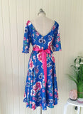 Royal blue and pink mix  floral vintage inspired swing dress.