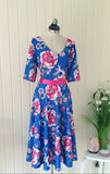 Royal blue and pink mix  floral vintage inspired swing dress.